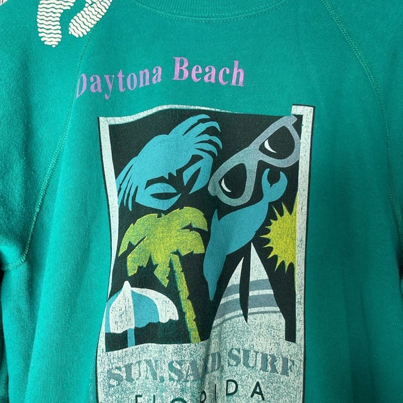 Vintage 80s/90s Hanes Daytona Beach Teal Graphic Crewneck Sweater size large - Picture 6 of 6